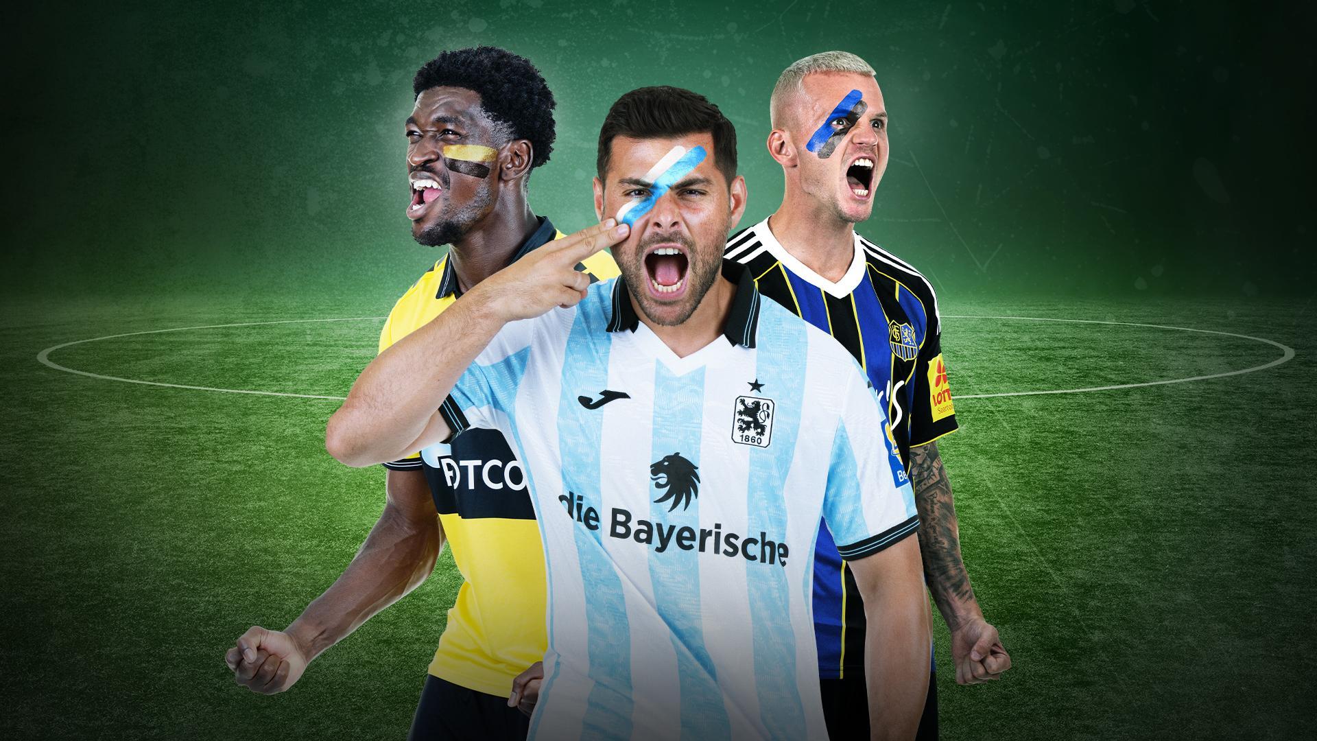 Werbegrafik 3. Liga Konferenz mit den Spielern Kwasi Okyere Wriedt, Kevin Volland und Florian Pick (von links nach rechts)